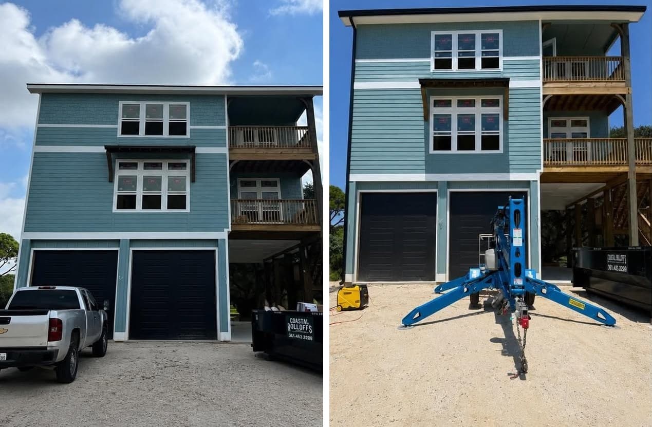 Front of a three-story coastal home before gutters and after black seamless gutters were installed