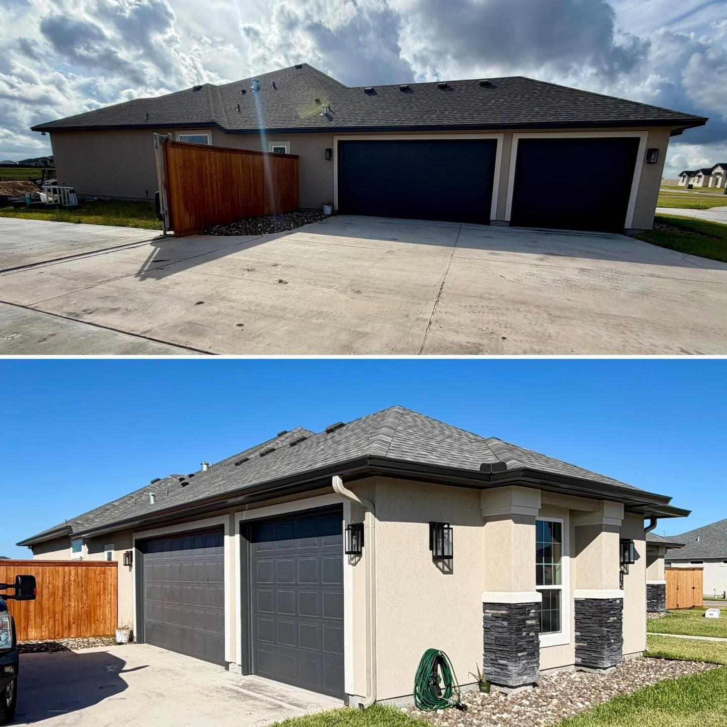 Garage elevation of a stucco home shown before gutters and after a seamless system was installed