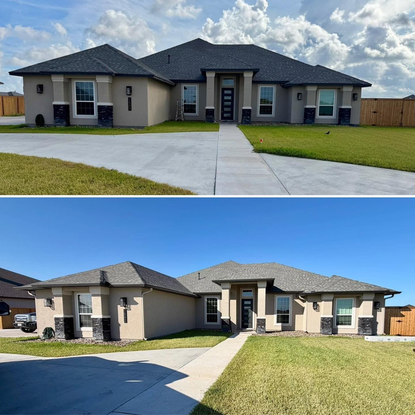 A stucco home shown before and after a seamless gutter installation